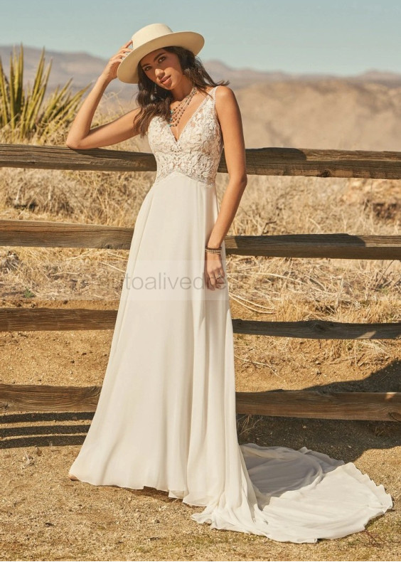 V Neck Ivory Lace Chiffon Basque Waist Wedding Dress V Neck Ivory Lace Chiffon Basque Waist Wedding Dress